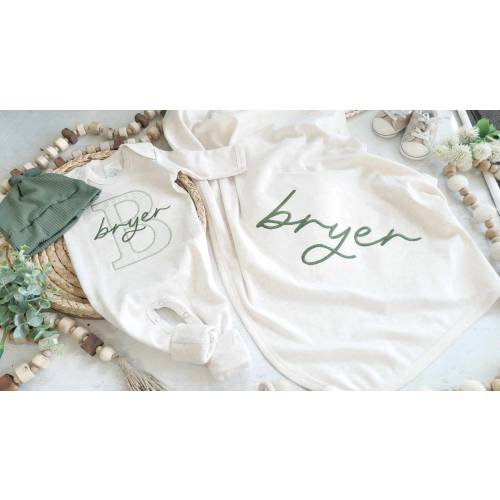 Custom green baby romper with fold over footies, and olive hat set, personalized coming home outfit, baby shower gift, Christmas outfit