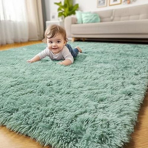 Amdrebio Sage Green Area Rugs for Bedroom Aesthetic, Fluffy Furry Rugs for Nursery, Classroom, Teen Boys, Baby Kids Room Decor, Cute Shaggy Carpet for Living Room Dorm, Fuzzy Plush Light Mint Rug 4x6