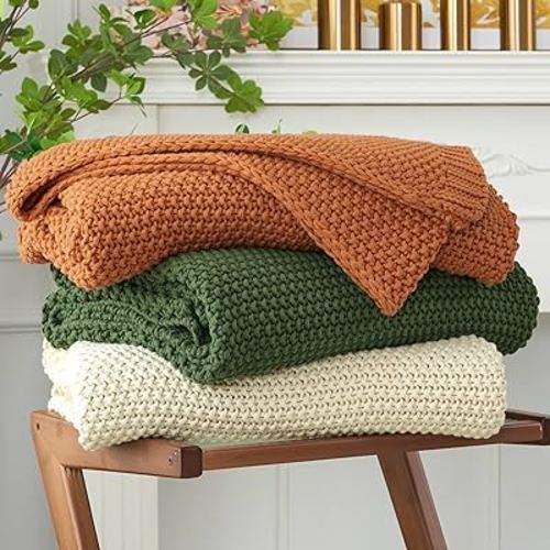 Longhui bedding Chunky Cable Knit Throw Blanket Lightweight Olive Green 100% Organic Cotton Blanket for Sofa Couch Bed Baby Nursery, Rustic Shabby Chic Modern Farmhouse, 51” x 63” Give Laundering Bag