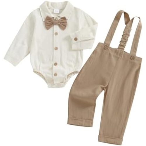 Karuedoo Newborn Infant Baby Boy Clothes Cotton Linen Button Up Long Sleeve Bowtie Dress Shirt Romper Suspender Pants Set