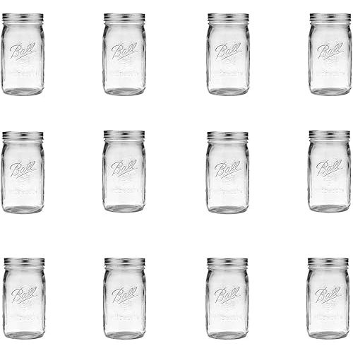 Ball Wide Mouth Clear Glass Canning Quart 32 Oz Mason Jars with Lids, 12 Pack
