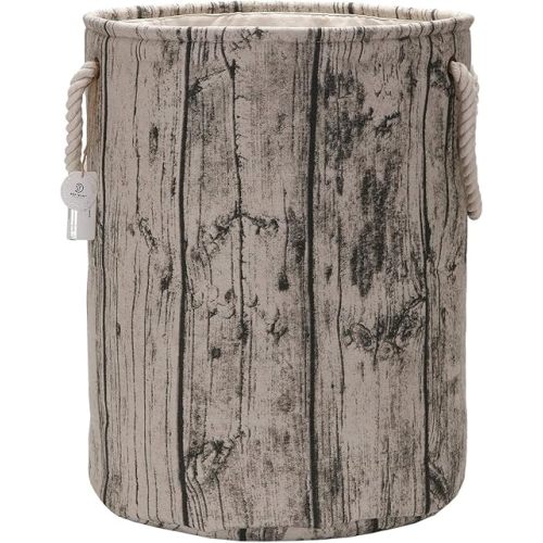 Sea Team 19.7" Large Size Stylish Tree Stump Wood Grain Canvas & Linen Fabric Laundry Hamper Storage Basket with Rope Handles, Birch