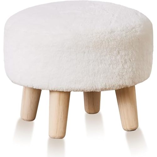 Cpintltr Round Footstool Ottoman Rabbit Wool Mushroom Stool Solid Wood Stool Small Upholstered Ottoman Shoe Changing Foot Stool Step Stool Sofa Footrest Stool for Living Room Bedroom (White)