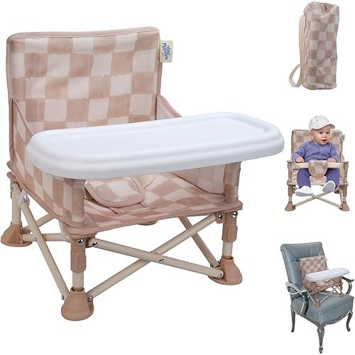 Portable 3-in-1 Baby Booster Seat, Cozy Floor Seat, Feeding Seat with Tray, Compact Foldable Toddler Booster with Child Safety Belt Carry Bag, Perfect for Travel (Sand Checker)