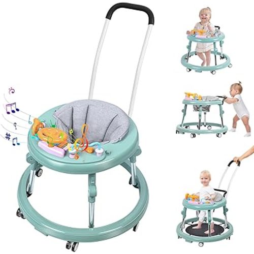 Baby Walker, Foldable 9-Gear Height Adjustable Baby Walker with Wheels, Infant Toddler Walker with Music Disk, Anti-Fall Baby Walkers and Activity Center with Foot Pads for Boys and Girls 6-24 Months