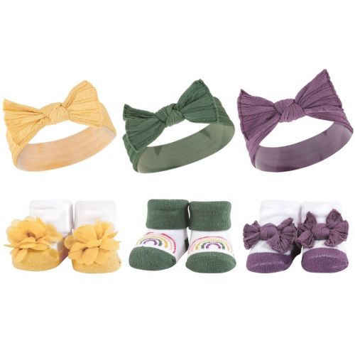 Hudson Baby Infant Girl Headband And Socks Giftset, Purple Green Yellow, One Size