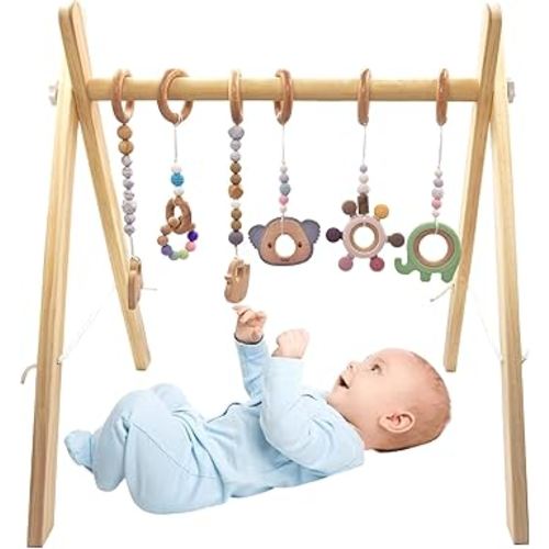 Premium Wooden Baby Gym Set with 6 Detachable Teethers | Foldable Play Gym for Motor Skills Development, Baby Activity Center for Nursery