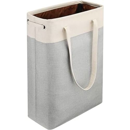 i BKGOO Laundry Basket with Handles Beige&Silver Slim Laundry Bin Collapsible Dirty Clothes Basket Narrow Laundry Bag Foldable Dirty Hamper for Camping, Dorms, Apartments