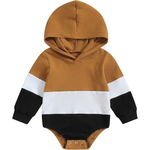 Thorn Tree Newborn Baby Boys Hooded Sweatshirt Long Sleeve Solid Romper Infant Baby Fall Winter Spring Outfits - Brown White Romper E - 12-18 Months