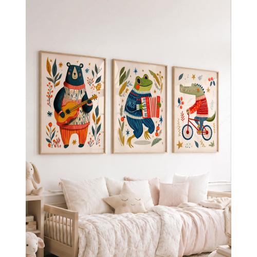 Kids Wall Art Set of 3, Woodland Animals Poster, Nursery Decor, Cute Animal Prints, Bear Frog Crocodile, Playroom Art 9