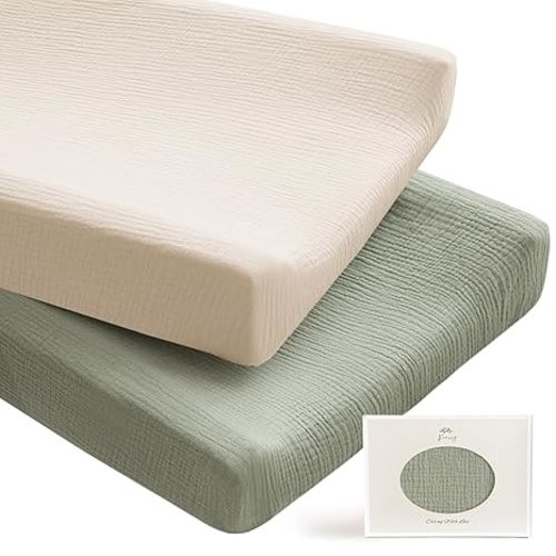 Konssy 2 Pack Muslin Changing Pad Covers for Boys, Ultra Soft & Breathable Cotton Baby Diaper Changing Table Covers, Neutral Nursery Diaper Changing Pad Sheets (Fog Green,Cream)