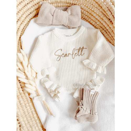 Embroidered name baby romper, newborn girl coming home knit ruffle outfit, custom chunky knit ribbed bodysuit, personalized baby shower gift
