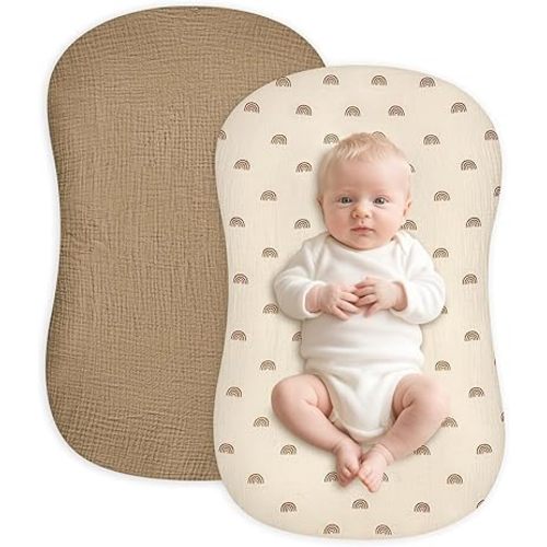 Hooyax Muslin Baby Lounger Cover 2 Pack, Soft and Breathable Newborn Lounger Cover, Adorable Baby Nest Slipcover for Boys Girls, Covers Only (Brown, Rainbow)
