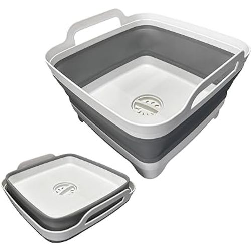 Collapsible Wash Basin, Space-Saving for Small Kitchen,Camping, RVs, Lightweight Collapsible Dish Pan 2.4 Gallons Foldable Handy Dish Tub with Drain and Handle