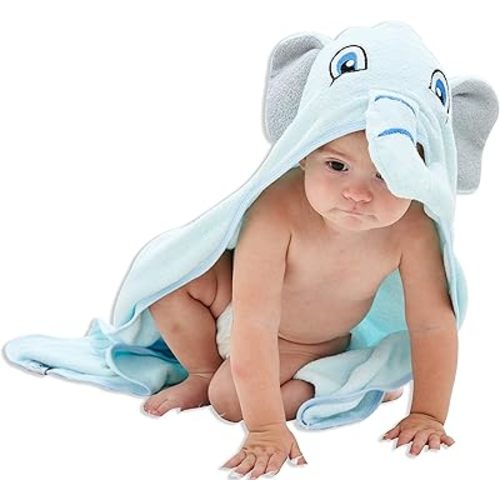 HIPHOP PANDA Hooded Towel - Rayon Made from Bamboo, Bath Towel with Bear Ears for Newborn, Babie, Toddler, Infant - Absorbent Large Baby Towel - Blue Elephant, 30 x 30 Inch
