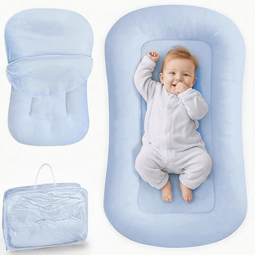 azopesy Infant Support Cushion - Baby Lounger for Newborn, 0-24 Months, Breathable Cotton Fabric Infant Support Cushion, Portable Newborn Essentials for Home and Travel, ZumaBlue (Cover Included)