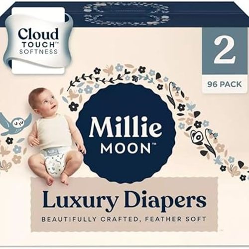 Millie Moon Luxury Diapers – Ultra Soft Cloud Touch Disposable Diapers with 12 Hour Absorbency & Wetness Indicator (2-96ct)