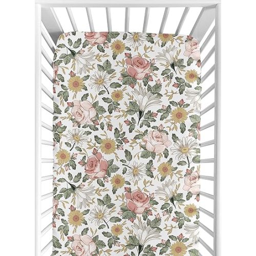 Sweet Jojo Designs Vintage Floral Boho Girl Fitted Crib Sheet Baby or Toddler Bed Nursery - Blush Pink, Yellow, Green and White Shabby Chic Rose Flower Farmhouse