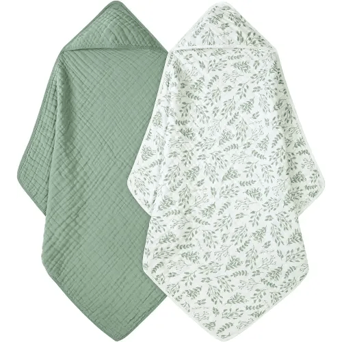 Baby Bath Towels, 100% Muslin Cotton Hooded Baby Towels for Newborn, 2 Pack Baby Towels with Hood for Infant Toddler and Kids, Large 32x32Inch, Soft and Absorbent