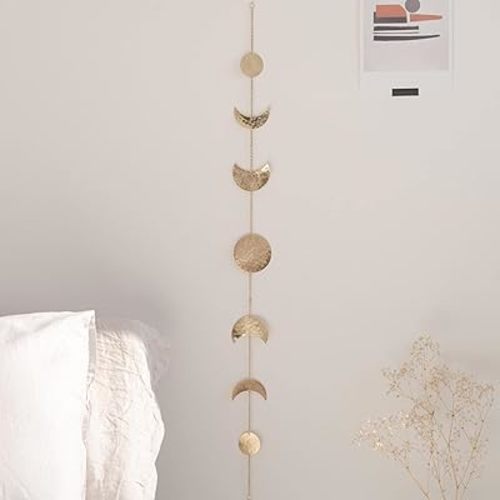 BASE ROOTS Moon Phase, Gold Wall Decor for Bedroom & Living Room, Bohemian Wall Decor, Handmade Hammered Metal 34" 7 Phases Moon, Celestial Wall Art, Gift for Women & Kids