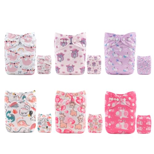 ALVABABY Baby Cloth Diaper 6 Pack with 12 Inserts One Size Cloth Diaper Covers Adjustable Washable Reusable for Baby Girls and Boys