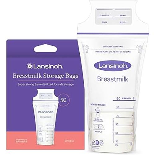 Lansinoh Breastmilk Storage Bags, 50 Count, Easy to Use Breast Milk Storage Bags for Feeding, Presterilized, Hygienically Doubled-Sealed for Refrigeration and Freezing, 6 Ounce