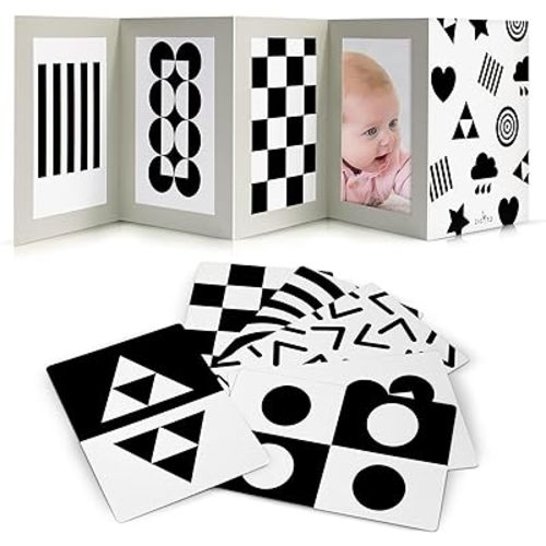 High Contrast Tummy Time Toy For Baby With Large Black and White Cards - Stimulating Sensory Development Boards & Mirror For Babies & Infants 0-3 Months - Twelve Montessori Patterns That Newborns Love