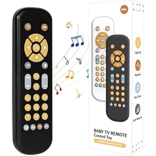 Orzbow Baby Remote Control Toy for 6 Months+ with Music, TV Remote Toy with Realistic Light and Sound - English, French and Spanish for Infant Play - BPA Free, Black