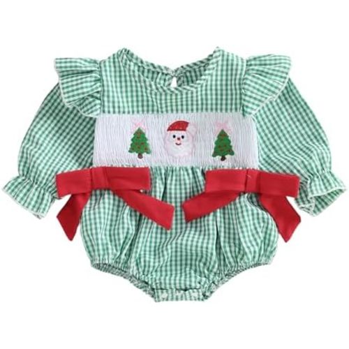 Baby Girl Christmas Outfit Santa Tree Ruffled Long Sleeve Smocked Bubble Romper Bodysuit Newborn Fall Winter Clothes
