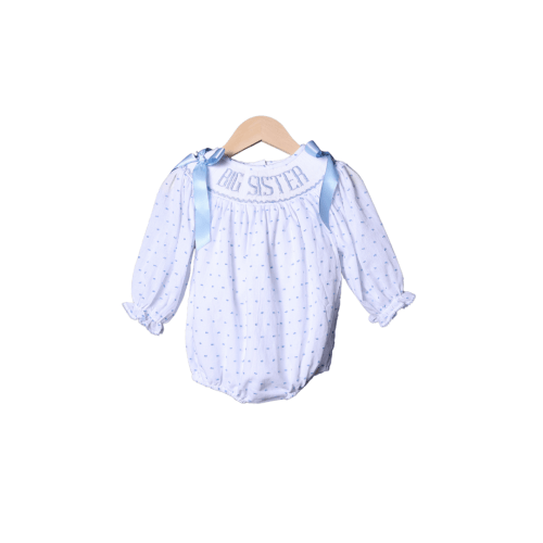 Smocked BLUE Swiss Dot Big Sister LONG Sleeve Bubble