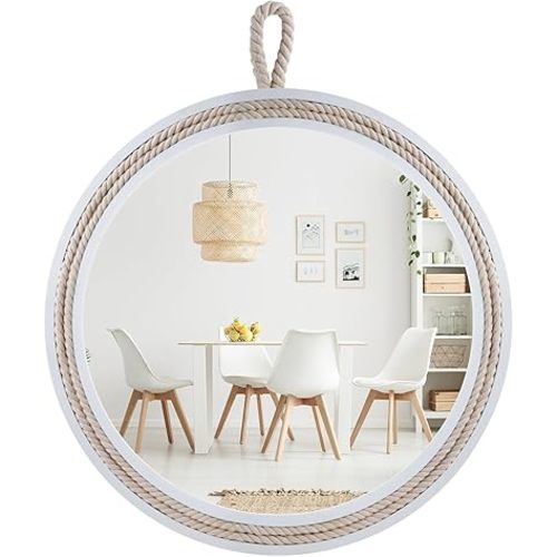 Nautical Round Wall Mirror with Rope 20'' White Circle Hanging Mirror Nursery Coastal Beachy Wall Mirror Decorative Mirror for Bathroom,Livingroom,Entryway-Nautical Theme Décor