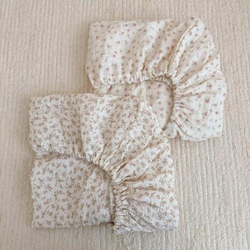 BuLuTu Cotton Muslin Baby Crib Sheets for Standard Crib and Toddler Mattress 52"x28", Chic Shabby Floral Print Boys Girls Fitted Sheets, 2 Pack, Soft Breathable, Camellia & Pink Floral