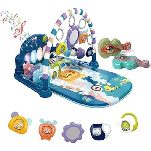dearlomum Baby Play Mat Baby Gym,Funny Play Piano Tummy Time Baby Activity Mat with 5 Infant Sensory Baby Toys & 2 Guitar Rattles, Boy & Girl Gifts for Newborn Baby 0 to 3 6 9 12 Months (Blue)