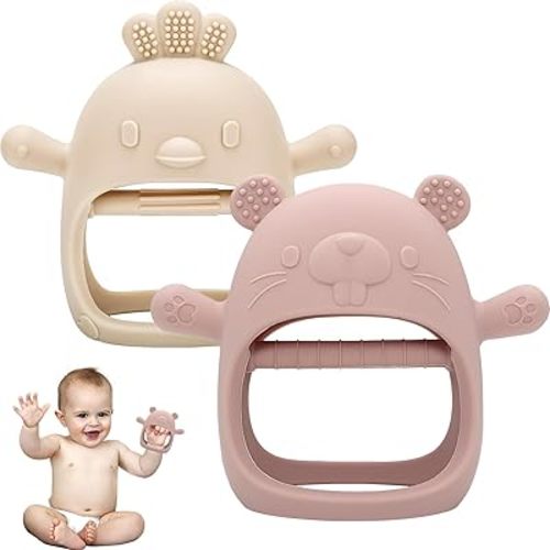 2 Pack Teething Toys for Babies, Baby Teething Toys Teething Relief Mitten, Silicone Teether for Baby, Toddler Infant Hand Essentials Chew Toys for Sucking Needs (White/Pink)