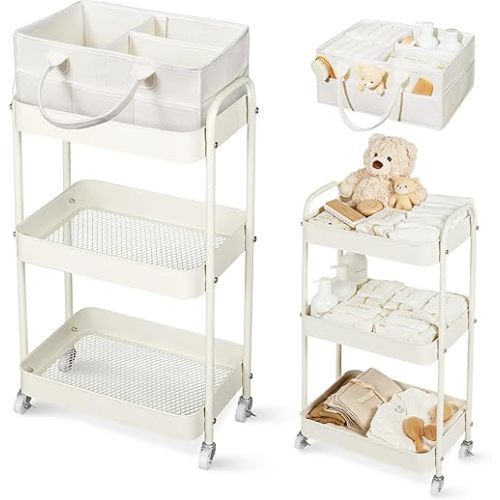 Fortella Baby Diaper Caddy, 3 Tier Rolling Storage Cart for Baby Essentials, Diaper Cart with Detachable Dividers, Storage Organizer & Baby Bottle Organizer for Bedroom, Living Room (Beige)