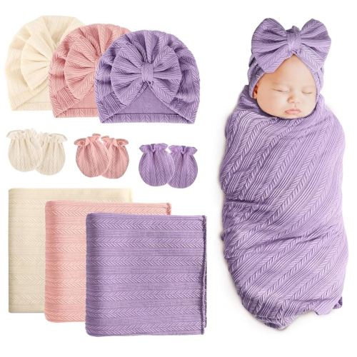 BQUBO Newborn Receiving Blanket Hat Mittens Set for Baby, Unisex Baby Boys Girls Essentials, Newborn Registry Must Haves, Stroller Crib Shower Gifts