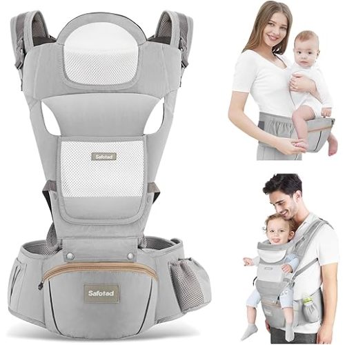 Baby Carrier with Hip Seat,Ergonomic M Position 6in1 Baby Carrier Newborn to Toddler,Head Support and Breathable Mesh Newborn Carrier,Adjustable Baby Holder Carrier for Dad&Mom-Grey