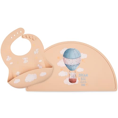 Mamabears Silicone Baby Bib and Mat | Boys Girls Babies & Toddlers | Waterproof, Adjustable, BPA Free