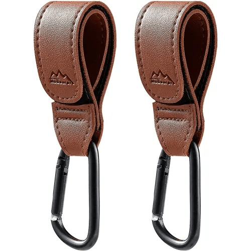 MoBearer | Baby Stroller Hooks Bag Hooks for Hanging Diaper Bags Multipurpose Hooks for Grocery Shopping Bags Premium Vegan Leather Pram Straps 2 Pcs (Brown)