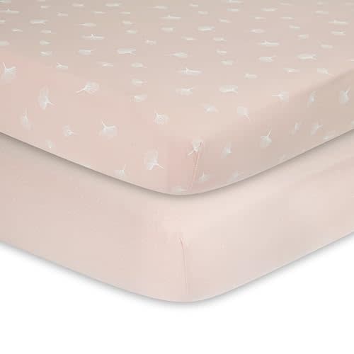 Ely’s & Co. Crib Sheet 2-Pack — Combed, 100% Jersey Cotton for Baby Girl — Rosewater Pink, Pin Dots & Gingko Leaves 52” x 28”