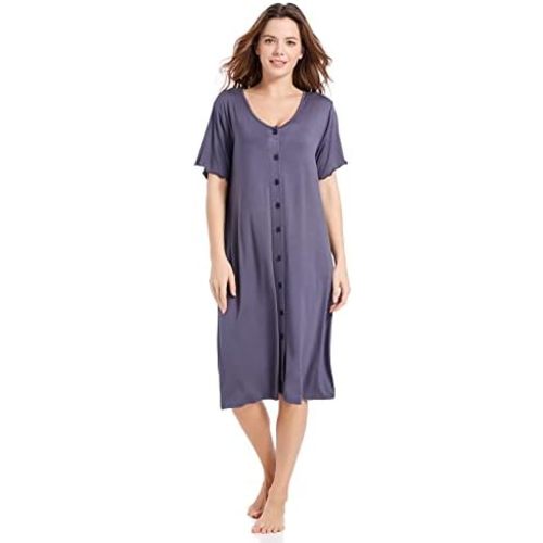 CHUNG Women Nightgown Loose Fit NightShirt Front Open Button Down Pajamas Nightdress Short Sleeve Sleepwear Under Knee Gown