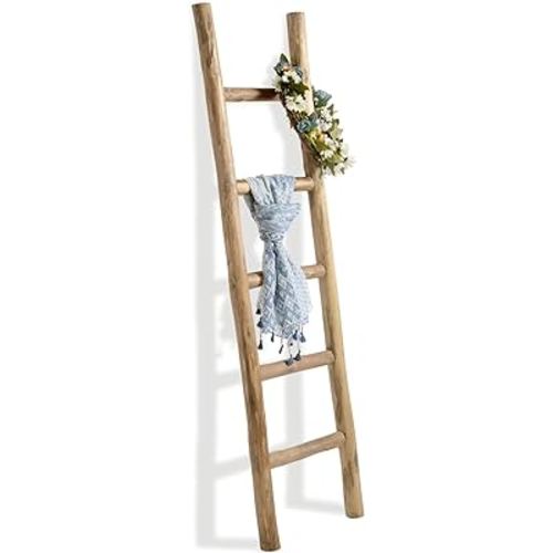 FUIN Fully Assembled 5ft Wood Blanket Ladder Living Room Decorative Wall Leaning Farmhouse Quilt Display Holder Rustic Wooden Towel Rack for Bathroom, Brown