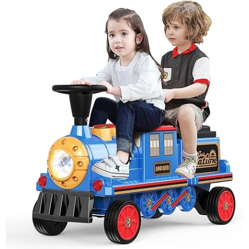 ANPABO 2-Seater Ride On Train Trackless, 12V Kids Car with Height-Adjustable Seat, Extra Storage, Headlight, Train Whistle & Music, Electric Car for Kids 3+ (Carriage Not Included), Blue