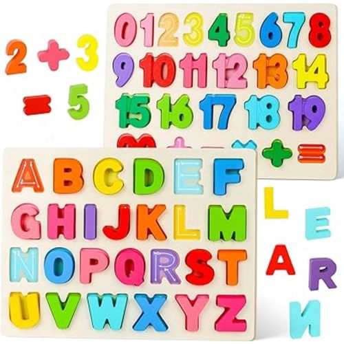 AMOR PRESENT Wooden Puzzles for Toddlers, Alphabet and Number Shape Puzzle Board, Preschool Learning Educational Toys for Kids