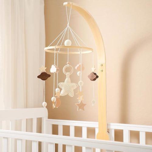 Baby Crib Mobile with Arm Boho Star Moon Nursery Mobile Set Wooden Baby Mobile Holder for Hanging Nursery Decor Ceiling Mobile - Galaxy Mobile ＆ Curved Structural Arm
