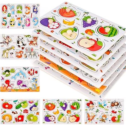 Wooden Peg Puzzles for Toddlers 1-3, 6 PCS Puzzles for Kids, Montessori Toddler Numbers, Vegetables, Fruits, Insects, Sea and Animals Puzzles, Baby Toys Gifts for Boys Girls