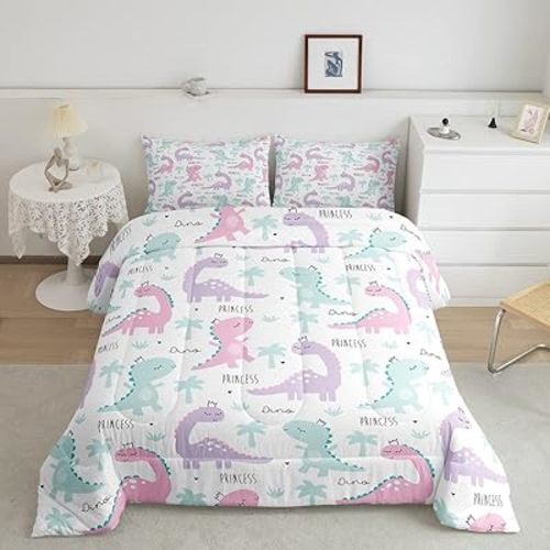Dinosaur Comforter Set Pink Purple Dinos Bedding Sets for Kids Girls Lovely Cute Animals Comforter Jurassic Series Cartoon Down Comforter Child Room Decor with 1 Comforter and 2 Pillow Cases Full