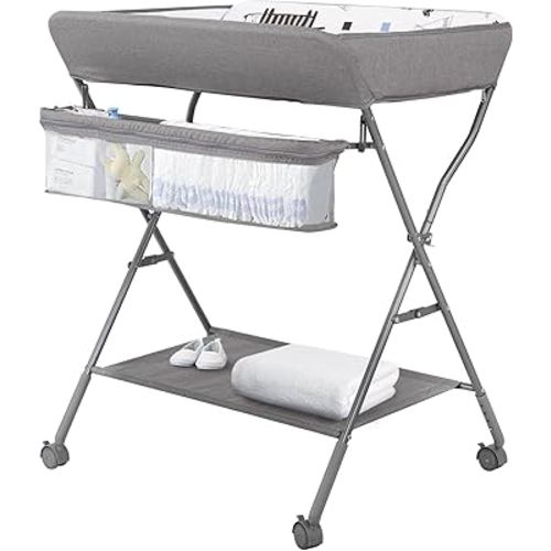 Baby Changing Table with Wheels, Maydolly Portable Adjustable Height Folding Diaper Station with Nursery Organizer & Storage Rack for Newborn Baby and Infant (Light Grey)