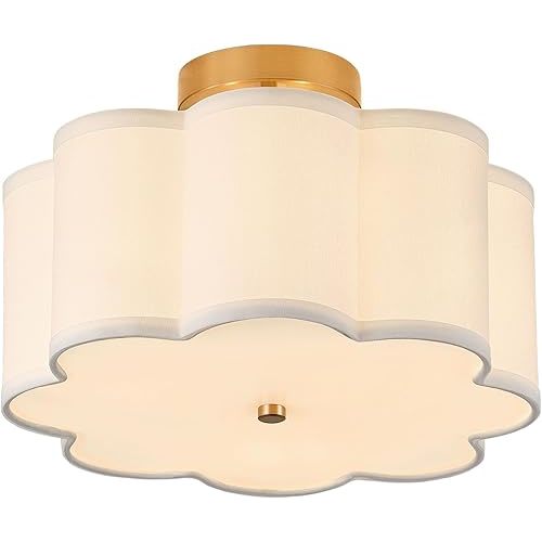 13.3"Semi Flush Mount Ceiling Light Fixture, 3-Light Modern Close to Ceiling Light With Fabric Flower-Shaped Shade, Light Fixtures Ceiling Mount for Bedroom Nursery Kids Room Living Room(Gold)