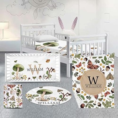 Personalized Baby Crib Bedding Set: Nursery 4 Piece Crib Set with Custom Baby Name - Mushroom Pattern Bedding Set for Baby Boys Girls - Soft Chic Blanket and Fitted Crib Sheet for Newborns